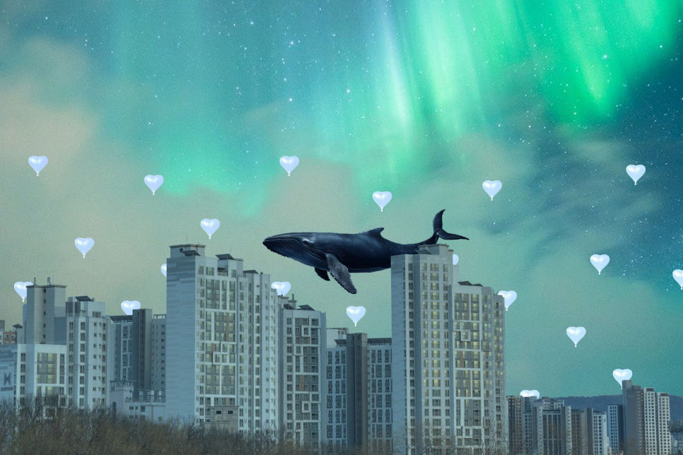 신비로운 북극광과 고래 이미지